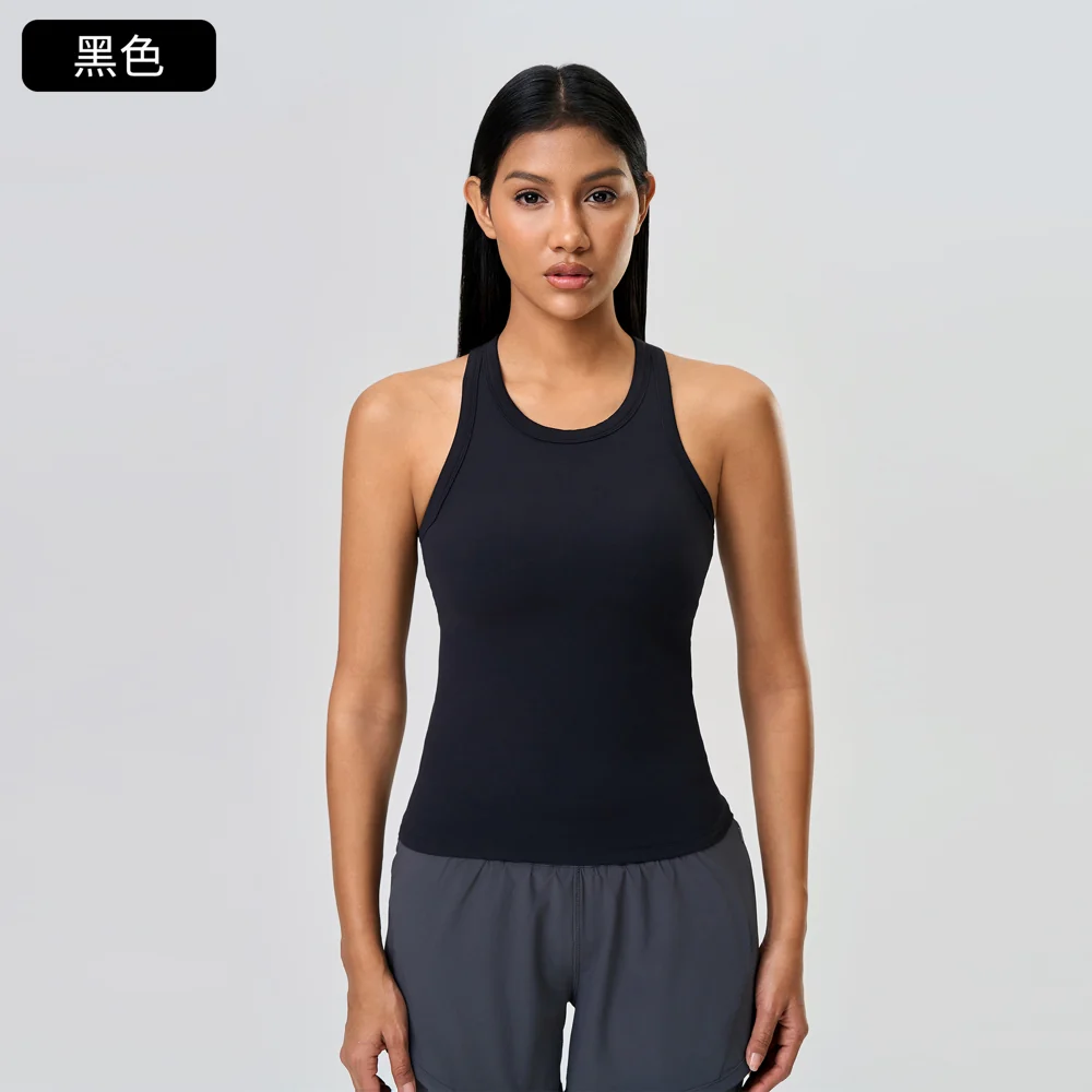 D26035 black fitted training tank top with round neckline